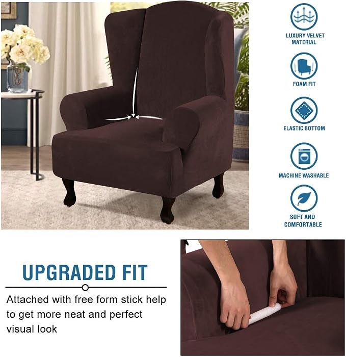 H.VERSAILTEX Wingback Chair Covers Velvet Plush Wing Chair Slipcover 1 Piece High Stretch Wing Back Chair Slipcovers Sofa Cover Furniture Cover with Elastic Bottom, Brown