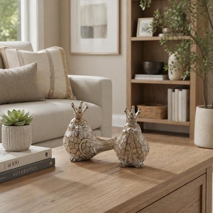 Sagebrook Home Set of 2 Royal Bird Figurines - Decorative Resin Sculptures with Crown - Elegant Home Accent for Living Room, Office & Bedroom - Polyresin Bird Statues - 6" Brown