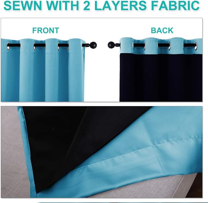 NICETOWN 100% Blackout Window Curtain Panels, Teal Blue, 2 Pieces, 62-inch Wide Per Panel, Full Light Blocking Drapes with Black Liner for Nursery, 72-inch Drop Thermal Insulated Draperies
