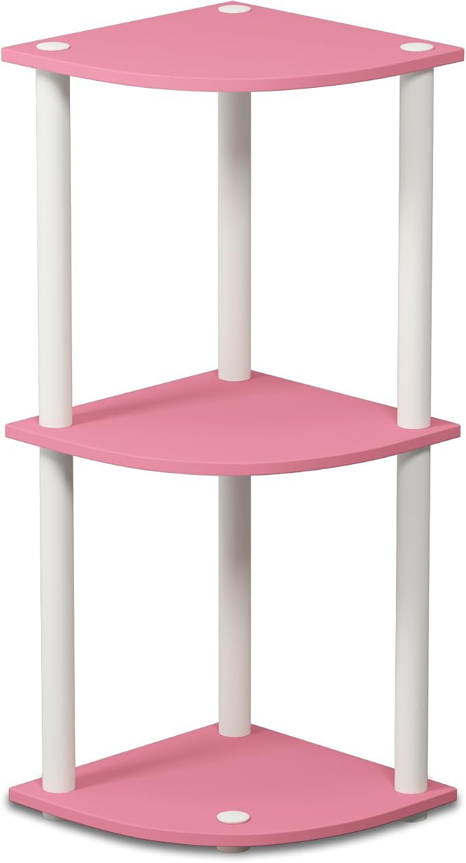 Furinno TURN-N-TUBE Corner Shelf, 3-Tier Corner Bookshelf, Display Storage Shelves with Open Shelves, for Organization and Storage, Living Room, Home Office, Garage, Pink