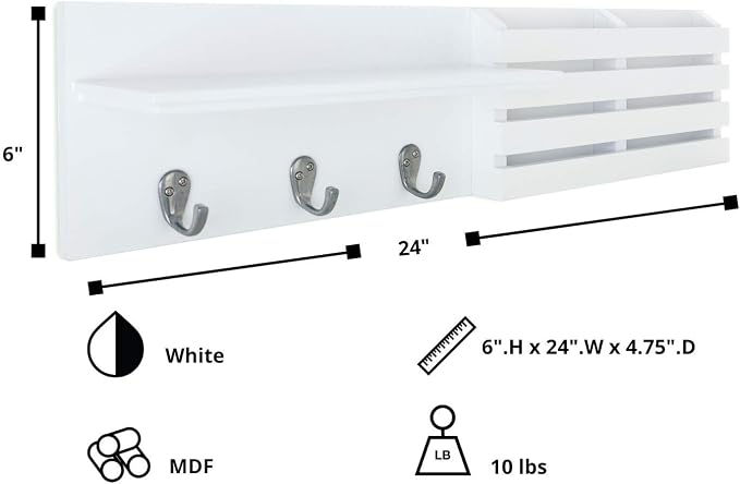 Kiera Grace Sydney Floating Shelf, Modern Wall Mounted Shelf with 3 Metal Hooks and Mail Holder for Home, Office, 24", White, 1Pack