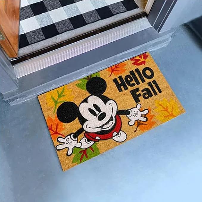 Gertmenian Disney Mickey Mouse Coir Doormat - 2x3 Welcome Mat (2-Pack), Ideal for High Traffic Areas in Front Door, Garage, Entryway - Mickey Hello Fall/Plaid, 46643