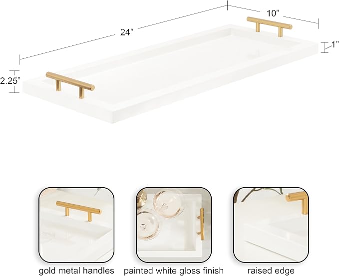 Kate and Laurel Halsey Rectangle Decorative Narrow Tray with Gold Metal Handles; 24 x 10; White and Gold; Modern Glam Slim Serving Tray with Handles for Living Room Decor