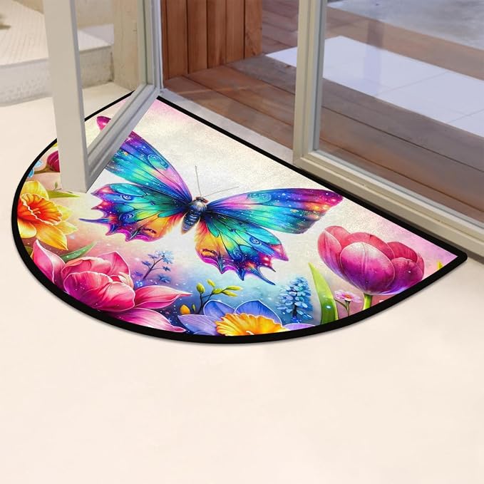 cfpolar Half Round Door Mat Flower Animal Butterfly Non-Slip Semi Circle Area Rug Washable Half Moon Hearth Rugs for Indoor Outdoor Bathroom Kitchen Patio Runner Mat Laundry Room Home Decoration