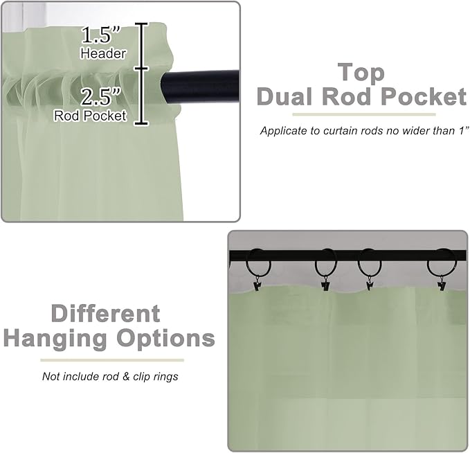 Light Green Sheer Curtains for Bedroom Living Room 45 Inch Length 2 Panels, Soft Airy Light Filtering Small Kitchen Window Curtains, Rod Pocket Short Curtain Drapes, 42" Wx45 L Inches