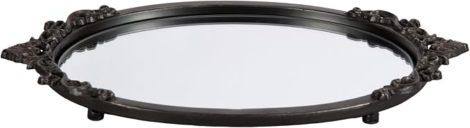 Kate and Laurel Arendahl Vintage Oval Mirrored Decorative Tray; 17 x 10; Antique Black; Traditional Ottoman Tray for Living Room Home Decor with Ornate Detailing