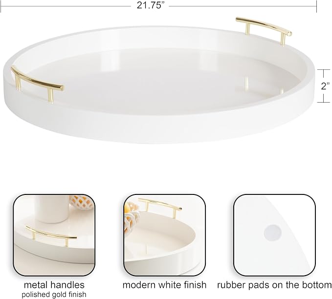 Kate And Laurel Lipton Modern Round Ottoman Tray; 22 Inch Diameter; White and Gold; Decorative Circle Coffee Table Tray for Living Room Decor or Large Serving Tray