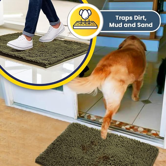 Muddy Mat® | Super Water Absorbent Door Mat Indoor, Microfiber Quick Dry Chenille Entryway Rug, Slip Resistant Front Door Mat, Indoor Mats for Entryway, Machine Washable Pet Rug, Sage 24" x 40"