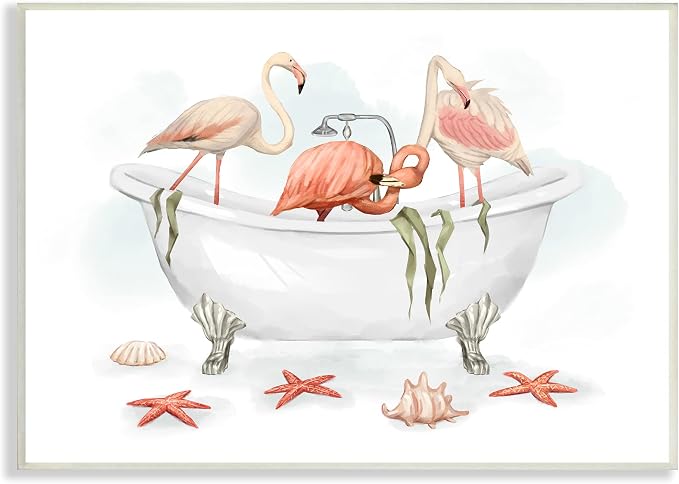 Stupell Industries Flamingo Trio in Nautical Tub Seaside Bathroom, Designed by Ziwei Li Wall Plaque, Grey 10x15