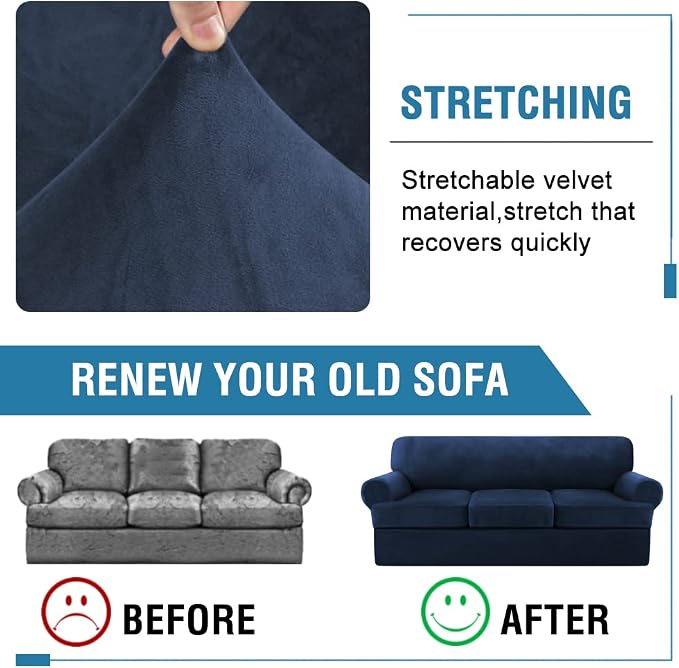 H.VERSAILTEX Sofa Slipcovers - Thick Velvet Couch Covers for 3 Cushion Couch with 3 Individual T Cushion Covers, Navy