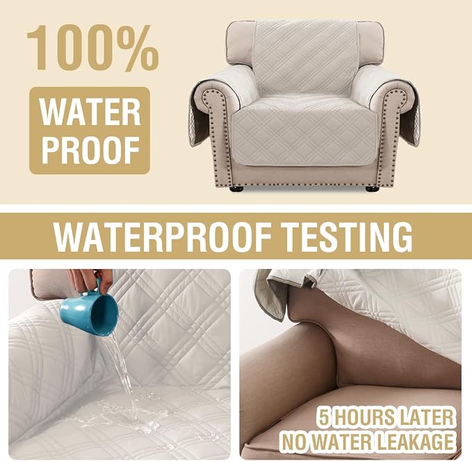 H.VERSAILTEX 100% Waterproof Slipcover Chair Covers Modern Sofa Chair Covers Stay in Place Furniture Protector with Elastic Straps (Chair, French Oak/Beige)