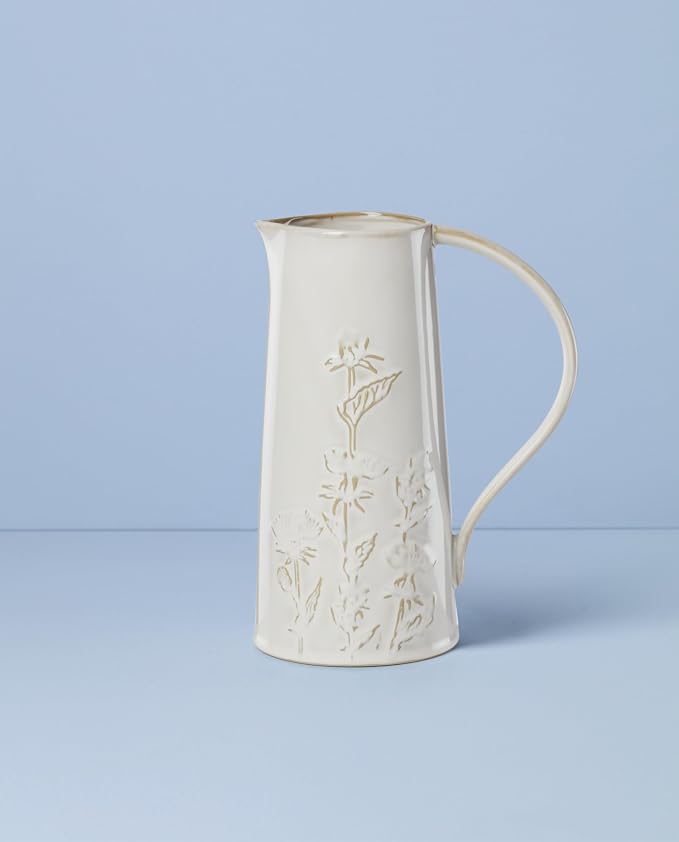 Lenox Homespun Ceramic Water Pitcher, 82oz | thistle design, dishwasher safe | table and home decor | 9 inch, 82oz, gift for women, kitchen decor