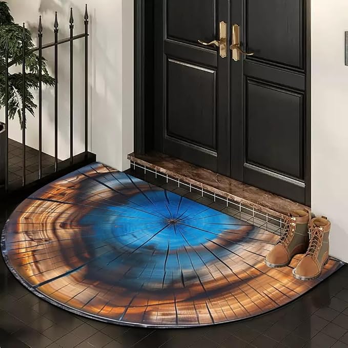 Fchen art Vintage Wood Grain Blue Half Round Door Mat – Non Slip Washable Welcome Mat for Indoor/Outdoor Use, Durable Absorbent Doormat for Home Kitchen Entryway Restaurant Office, 17x30 Inches