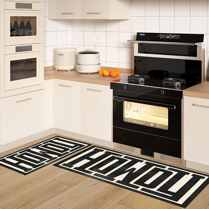 GUBIYU Kitchen Rugs Set of 2 Farmhouse Howdy Door Mat Beige Area Rug Runner Rugs for Living Room,Decorative Home Indoor Outdoor Front Porch Door Mat,Black Trendy Stuff Howdy Preppy Decor Washable Rugs