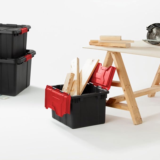 Sterilite Industrial Storage Tote with Lids for Garage, 12 Gallon, 18-Pack | Heavy-Duty and Stackable Utility Box Containers for Home, Office, and Basement Organization, Black/Red