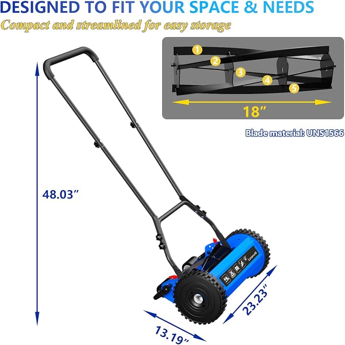 18-Inch Reel Lawn Mower with Tool-Free Blade Adjustment, 5-Blade Manual Push Lawn Mower, 5-Position Height Adjustable Hand Push Reel Mower for Larger Yards