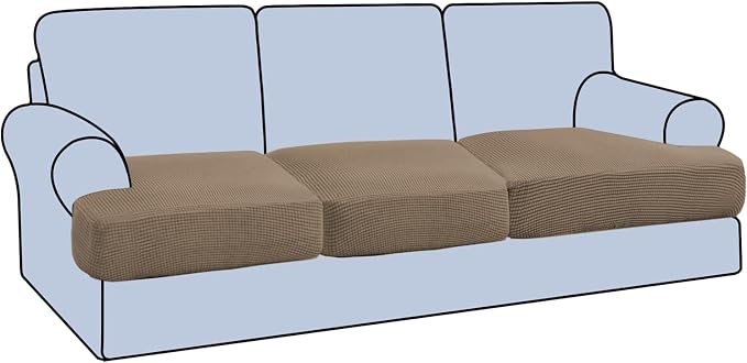 H.VERSAILTEX Stretch 3 Piece T Cushion Sofa Slipcovers Individually Sofa Cushion Covers for 3 Cushion Couch Sofa Seat Cushion Covers with Elastic Bands Featuring Thicker Jacquard Fabric, Macchiato