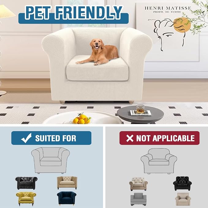 H.VERSAILTEX 2 Pieces Chesterfield Chair Slip Covers with Arms Stretch Mid Century Deep Seat Couch Cover Fit Width Up to 47 Inch, Thicker Jacquard Fabric (Small Sofa, Ivory)