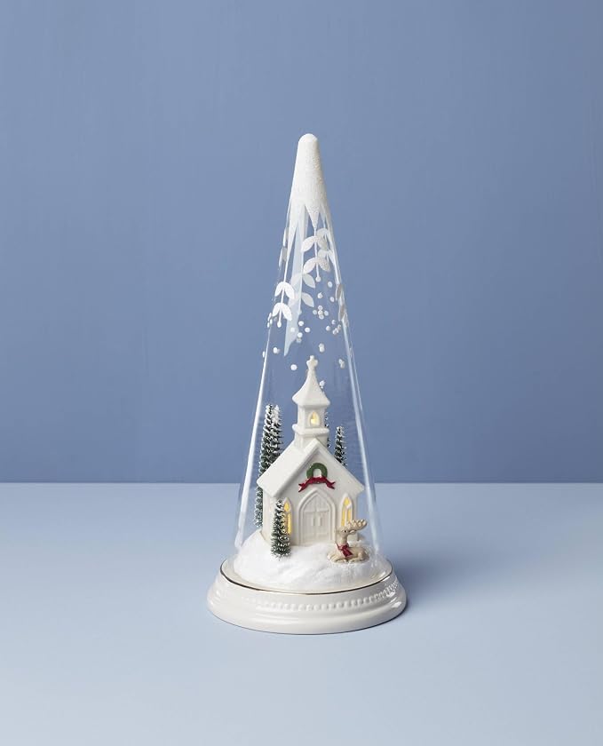 Lenox 896634 Lit Christmas Cone with Church Scene, Holiday Decor