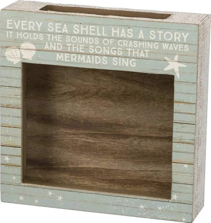 Primitives by Kathy | Rustic beach house decor featuring "Every Sea Shell Has A Story" sentiment. Clear glass windows for beach treasures