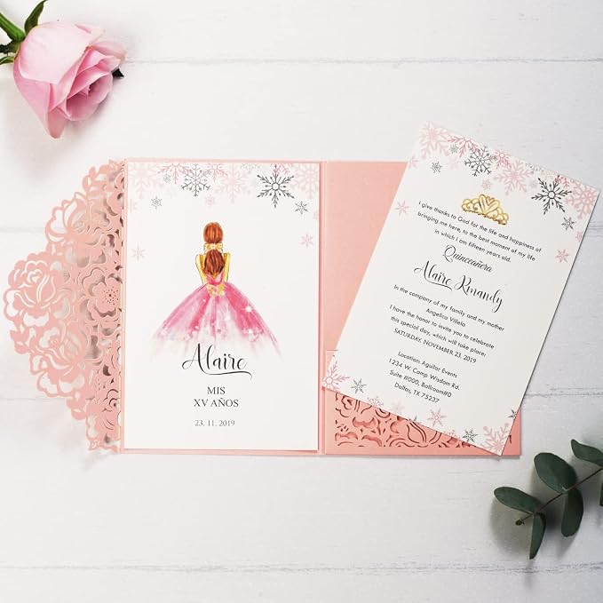 50PCS Pink Customized Quinceanera Invitation Cards with Envelopes 5x7.3 Inch Laser Cut Hollow Rose Pocket with Ribbon invitations for Quincenera Birthday Invite