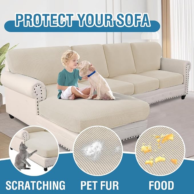 H.VERSAILTEX Sectional Couch Covers 8 Pieces Stretch Sofa Cover for Sectional Sofa Set Separate L Shaped Couch Cover for Both Left/Right Couch (Seat and Back: 1 Chaise + 3 Sofa, Island Fossi)