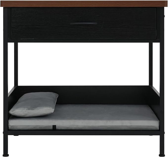 Dog Bed End Table with Storage Drawer and Washable Cushion, Black & Walnut | Open Elevated Dog Bed Furniture for Small Medium Dogs Up to 50 lbs, Metal Frame, Drawer, for Living Room, Bedroom Bedside