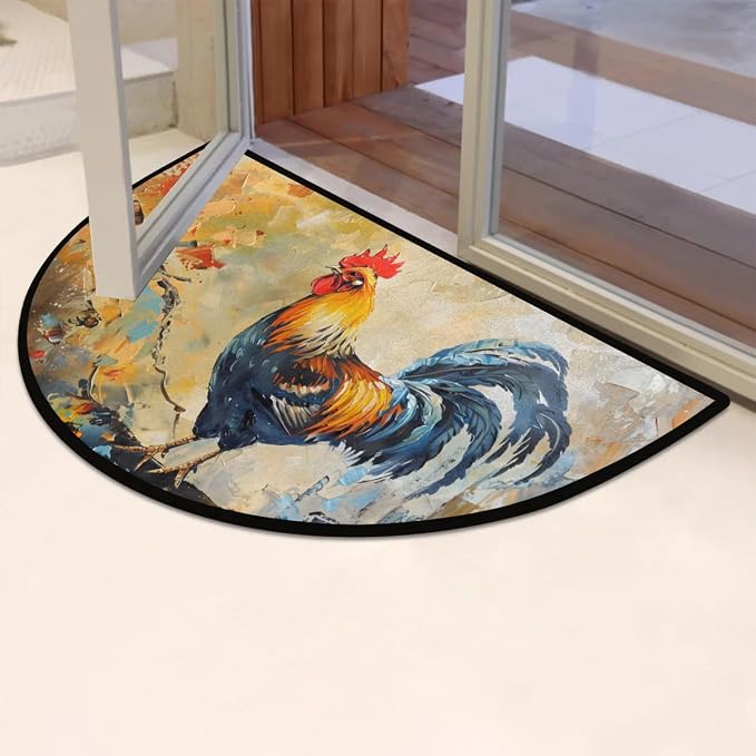 Pardick Rooster Farm Animal Anti-Slip Semi Circle Rug 24X36 Decorative Floor Mat for Kitchen Bathroom Hearth Fireplace