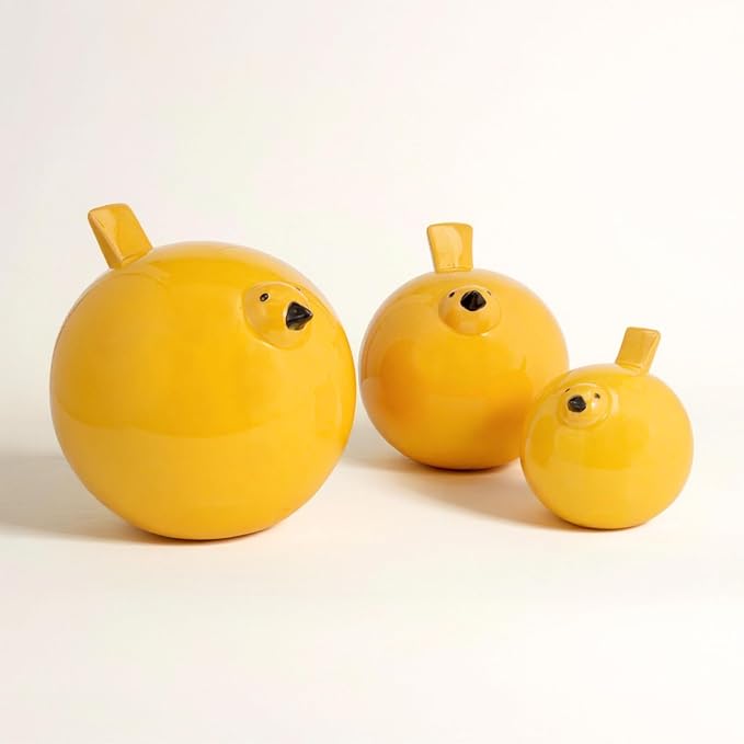 Set of 3 Bird Decorative Figurine – Ceramic Stoneware Decor Sculpture Accent – Figurines & Sculptures Home Decor for Office, Bedroom & Living Room – 8", 6" & 4", Yellow