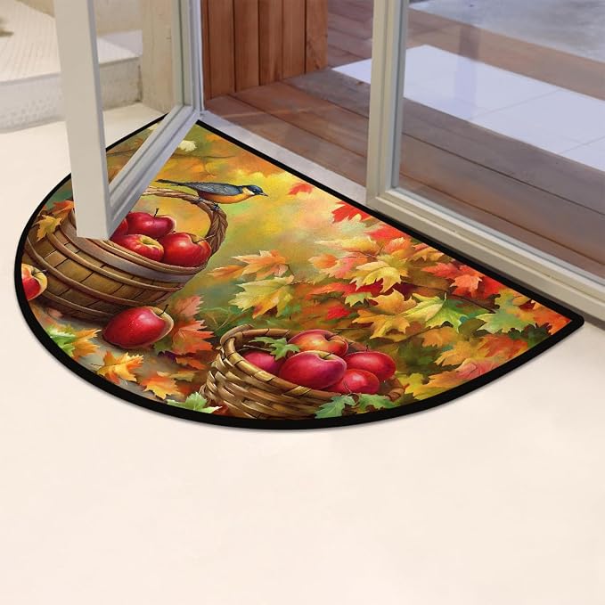 Half Round Door Mat Autumn Fall Apple Animal Half Moon Rug Washable Half Circle Area Rugs Indoor Entrance Non Slip Semi Circle Bathroom Rugs Floor Carpet for Kithen Bedroom Fireplace Decor