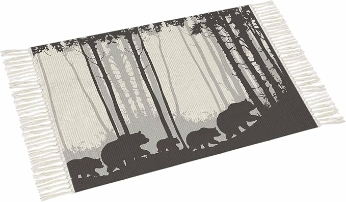 Rustic Bear Large Runner Rug 4X6 Ft Living Room Area Rug, Washable Woven Forest Animal Rustic Cabin Throw Carpet with Tassel, Non-Shedding Farmhouse Vintage Nature Scenery Art Bedroom Office Carpets