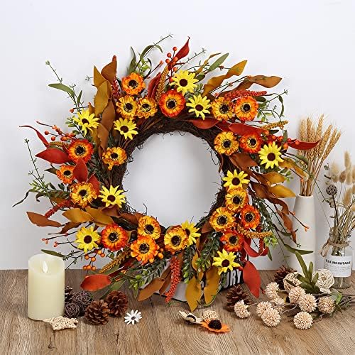 20" Artificial Fall Wreath for Front Door Orange Daisy Autumn Wreath with Colorful Wildflowers and Autumn Foliage Farmhouse Fall Door Wreath for Harvest Thanksgiving Fall Decorations - Image 6