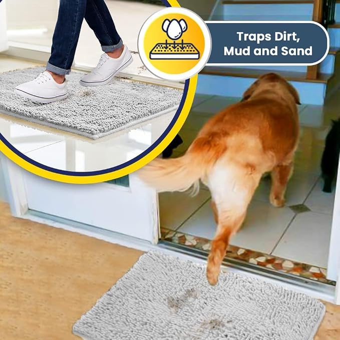Muddy Mat® | Super Water Absorbent Door Mat Indoor, Microfiber Quick Dry Chenille Entryway Rug, Slip Resistant Front Door Mat, Indoor Mats for Entryway, Machine Washable Pet Rug, White 5ft x 7ft