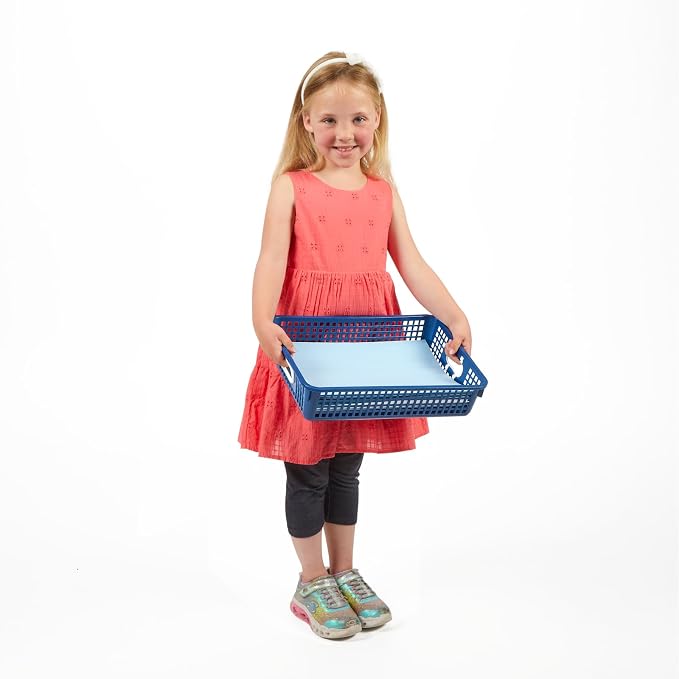Really Good Stuff Small Desktop Paper Storage Baskets, Set of 4 | 14" x 10" x 3.25", Cool & Calm Colors, Stackable Mesh Baskets with Grip Handles