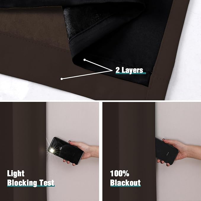 ChrisDowa 100% Blackout Curtains for Bedroom with Black Liner, 2 Thick Layers Total Blackout Thermal Insulated Grommet Window Curtains 2 Panels Set (Brown, 52 x 45 Inch)