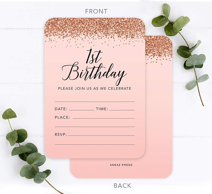 Andaz Press Blush Pink and Rose Gold Glitter Elegant Party Collection, 5x7-inch Invitations with Envelopes, 1st Birthday, 24-Pack, Double Sided Printing, Heavy Card Stock, Includes Envelopes