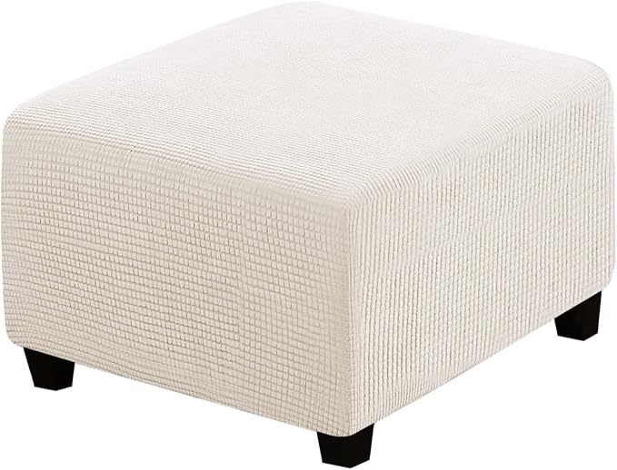 H.VERSAILTEX Square Ottoman Covers Ottoman Slipcovers Folding Storage Stool Furniture Protector Form Fit with Elastic Bottom, Stretch High Spandex Small Checks Jacquard Fabric(Medium,Ivory)