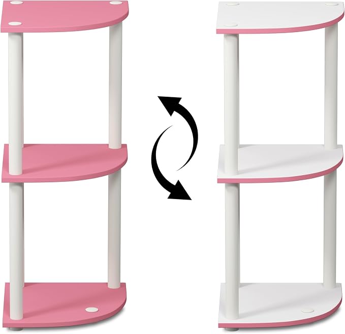 Furinno TURN-N-TUBE Corner Shelf, 3-Tier Corner Bookshelf, Display Storage Shelves with Open Shelves, for Organization and Storage, Living Room, Home Office, Garage, Pink