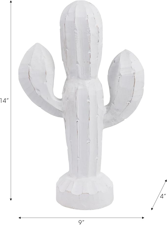 Wooden Cactus Statue – Room Decor Accent for Shelves and Tables, Indoor Home Decor for Living Room or Entryway, Modern Statue Silhouette for Sculptural Interest – 14", White