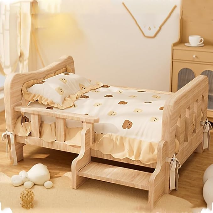 Wood Dog Bed, Floor Standing Pet Furniture with Winter Bedding and Stairs, Comfortable Resting Solution for Pets, Easy Assembly(31.9 X 21.3 X 11.8IN)