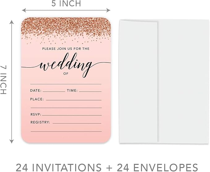 Andaz Press Blush Pink and Rose Gold Glitter Elegant Party Collection, 5x7-inch Invitations with Envelopes, Wedding, 24-Pack, Double Sided Printing, Heavy Card Stock, Includes Envelopes