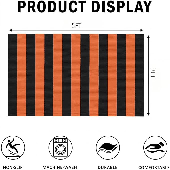 Striped Outdoor Rug 3' x 5' Orange and Black Front Door Mat, Halloween Layering Rug for Porch, Washable Doormat, Cotton Area Rug for Outdoor Entrance Entryway Patio Porch Decor