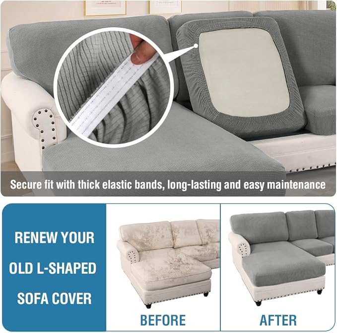 H.VERSAILTEX Sectional Couch Covers 8 Pieces Stretch Sofa Covers for Sectional Sofa Set Separate L Shaped Couch Cover for Both Left/Right Couch (Seat and Back: 1 Chaise + 3 Sofa, Dove)