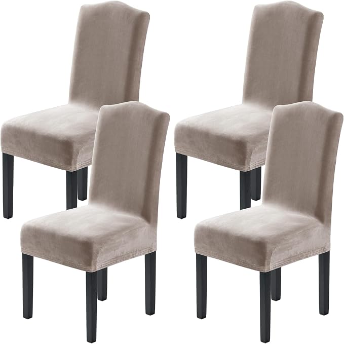 H.VERSAILTEX Dining Chair Covers Stretch for Dining Room Set of 4 Parson Chair Slipcovers Protectors, Soft Thick Solid Velvet Fabric Washable, Taupe