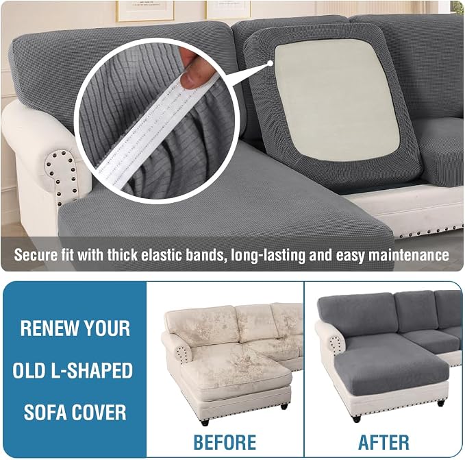H.VERSAILTEX Sectional Couch Covers 6 Pieces Stretch Sofa Covers for Sectional Sofa Set Separate L Shaped Couch Cover for Both Left/Right Couch (Seat and Back: 1 Chaise + 2 Sofa, Grey)