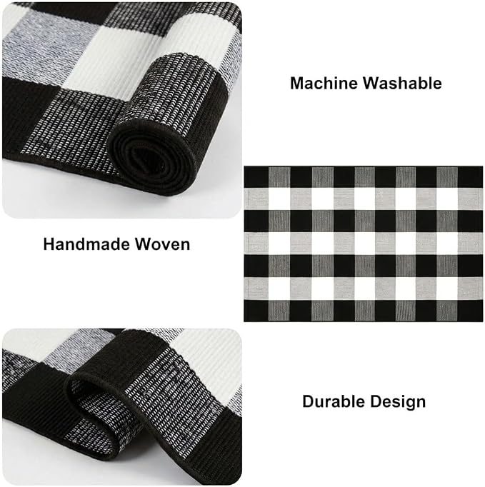 Buffalo Plaid Rug 3' x 5' Black and White Front Door Mat Reversible Layered Porch Rug Washable Hand Woven Cotton Area Rug for Indoor Outdoor Entryway Patio Porch Decor