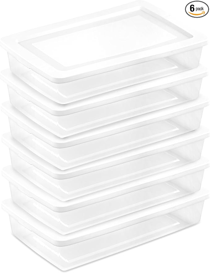 Sterilite 41 Qt Underbed Storage Box, Stackable Bin with Lid, Plastic Container to Organize Bedroom, Clear Base and White Lid, (Pack of 6)