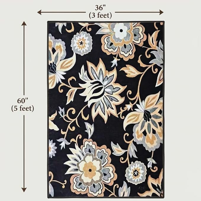 Black Floral Washable Rug 3x5, Ultra Thin Resistant Paisley Bedroom Rugs, Non-Slip Vintage Entryway Carpet, Boho Print, for Living Room, Kitchen, Office