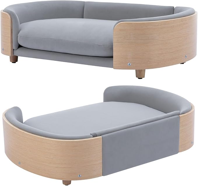 Elevated Dog Bed Pet Sofa with Solid Wood Legs and Bent Soft Backrest, Pet Cat Stool Bed with Velvet Cushion,for Large and Medium Size Dogs Kitten, Large Size