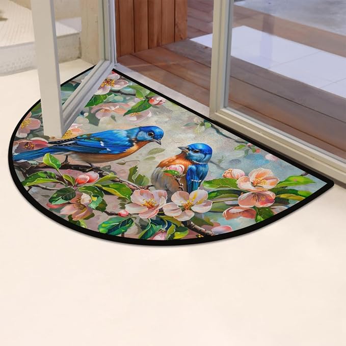 Flower Bird Oil Painting Half Round Door Mat Non-Slip Soft Doormats for Home Indoor Outdoor Entrance Bath Carpet Area Rugs for Home Dining Living Room Bedroom 36" X 24"